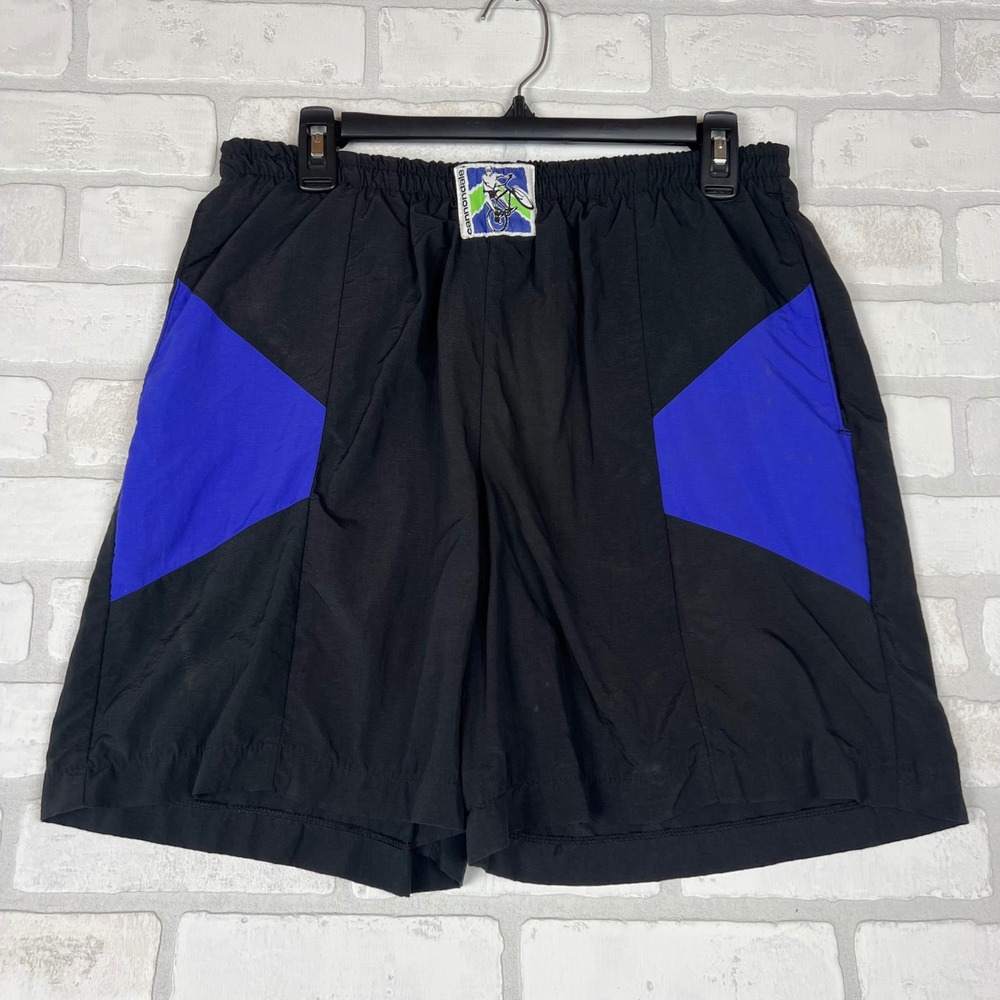 Vintage Cannondale Mens Large Black Blue Colorblock Nylon Athletic Shorts